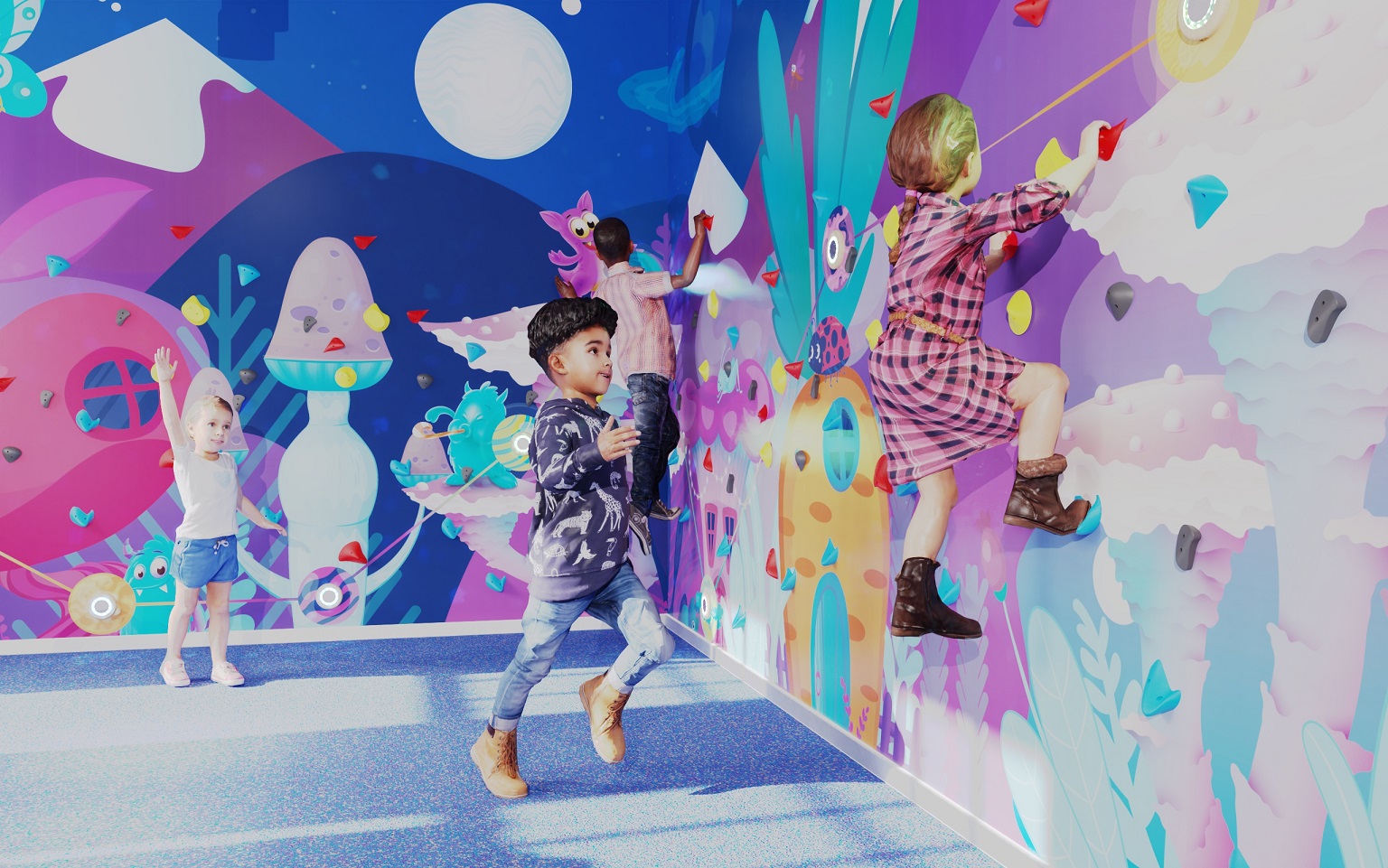mur d'activités violet pour que les enfants puissent grimper